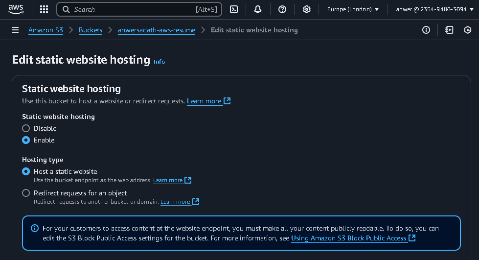 Enable static website hosting