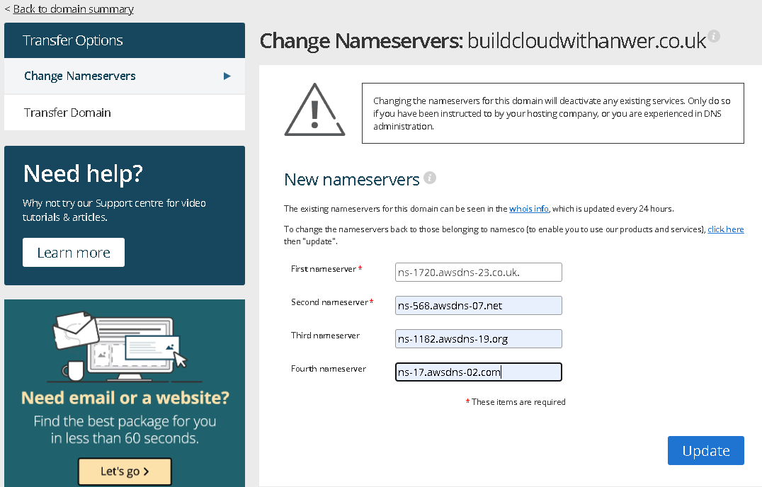 Nameserver update screenshot
